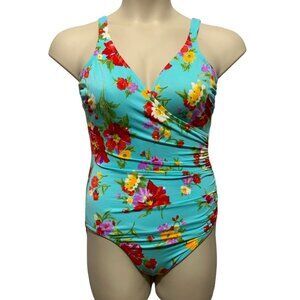 Miraclesuit Sz 12 Blue Floral Crossover Side Ruched Slimming One Piece Swimsuit